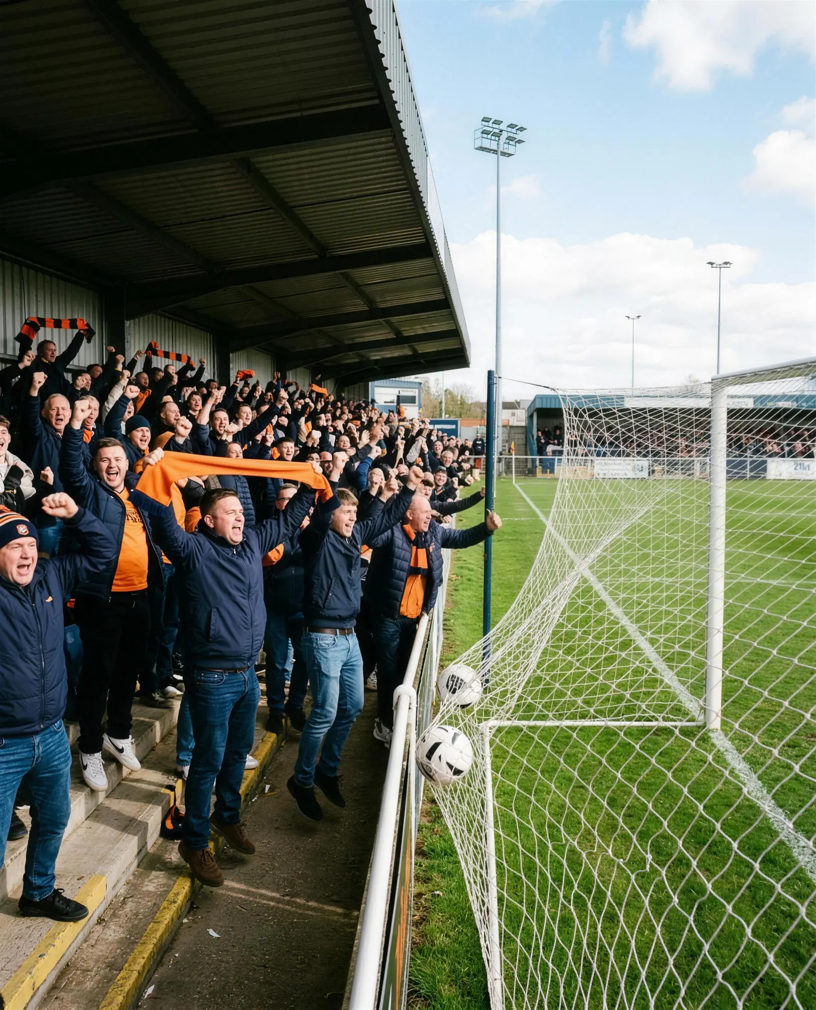 Supporters on a covered terrace at a modern non-league ground leaping up to celebrate a goal, the ball still in the net