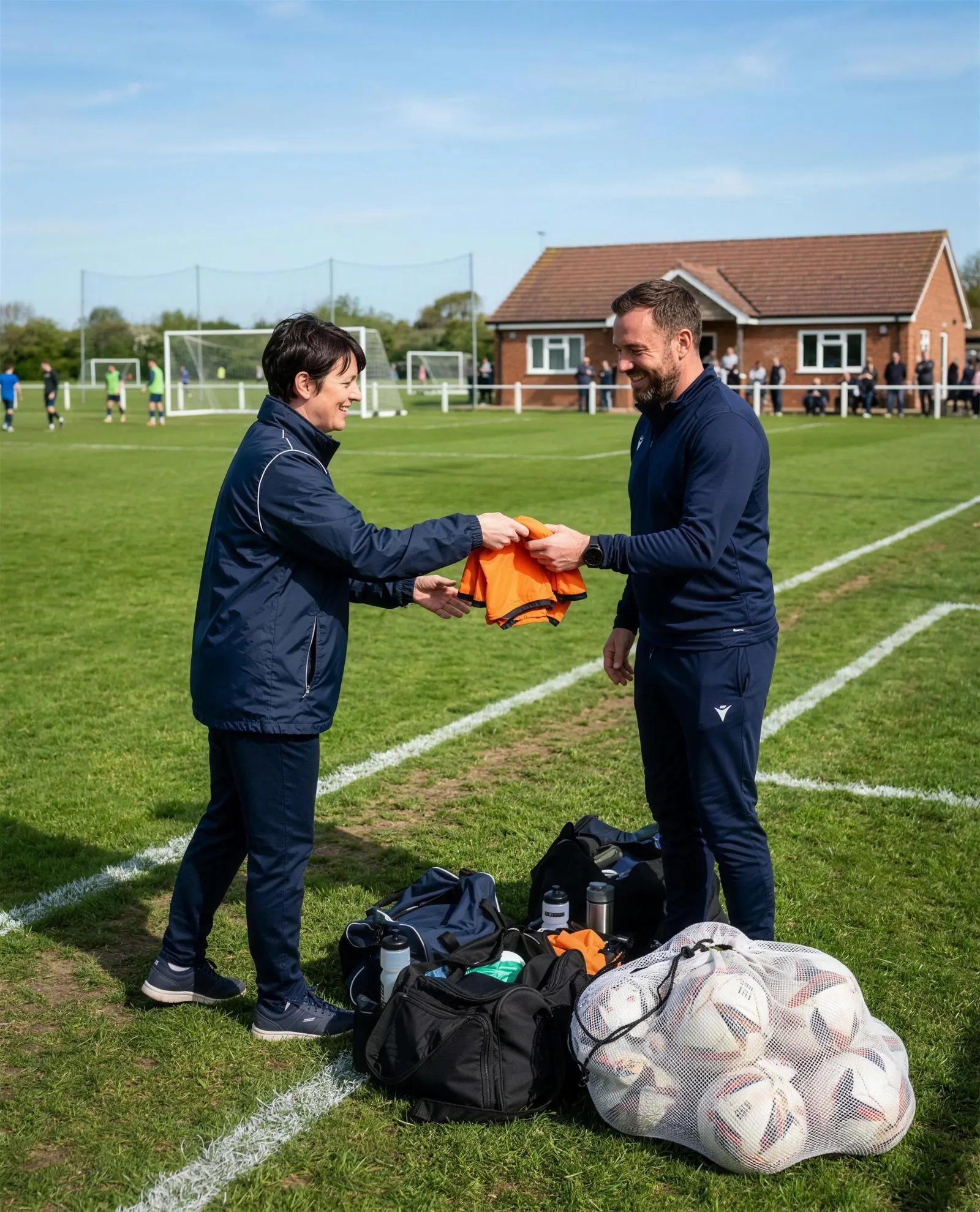 A club secretary in a navy jacket handing a new orange training shirt to a coach beside kit bags and a net of footballs